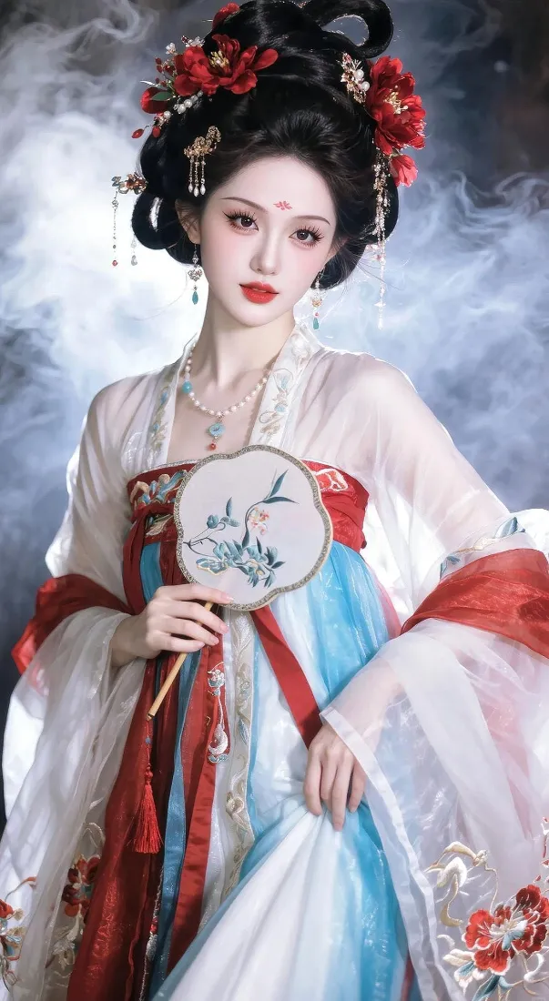 古风汉服美人手机壁纸｜持团扇红花发饰背景图片 - 唐制齐胸襦裙古典造型「哲风壁纸」