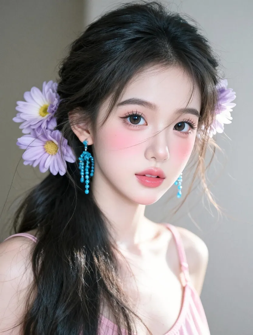 紫花发饰美女手机壁纸｜粉吊带蓝耳饰背景图片 - 清新甜妹人像「哲风壁纸」