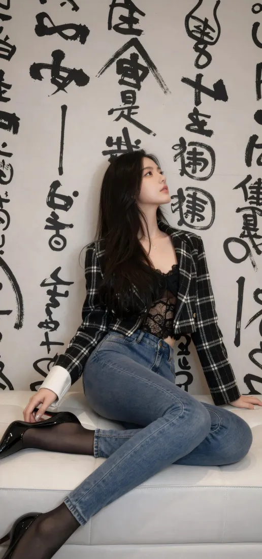 长发美女手机壁纸｜书法背景图片 - 格纹外套牛仔裤黑丝穿搭「哲风壁纸」