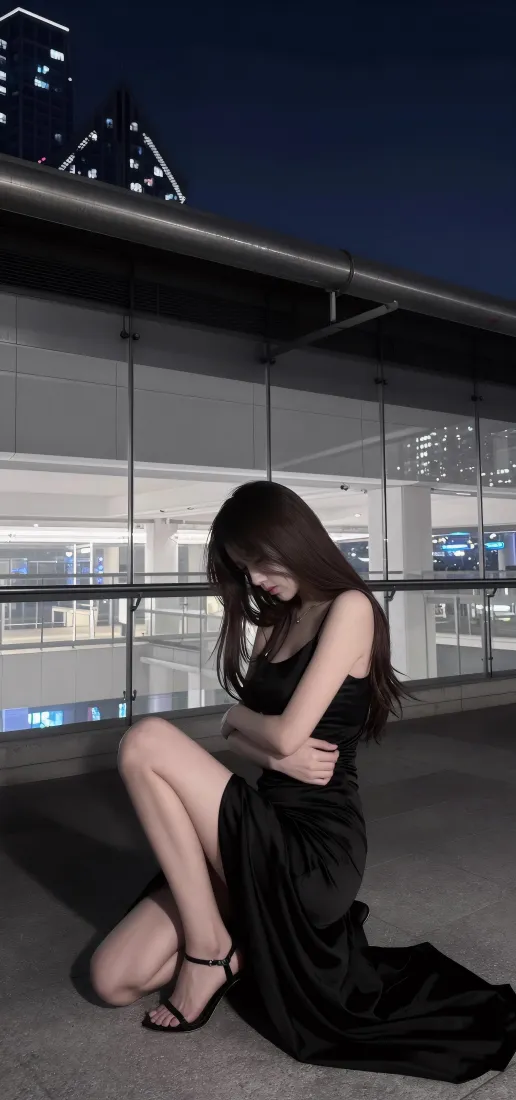黑裙美女手机壁纸｜夜景露台背景图片 - 氛围感御姐穿搭「哲风壁纸」