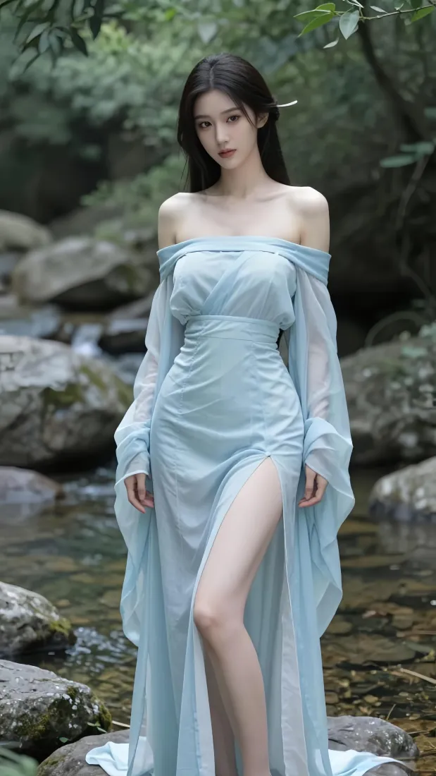 蓝衣美女手机壁纸｜户外溪涧背景图片 - 清冷感古风写真「哲风壁纸」