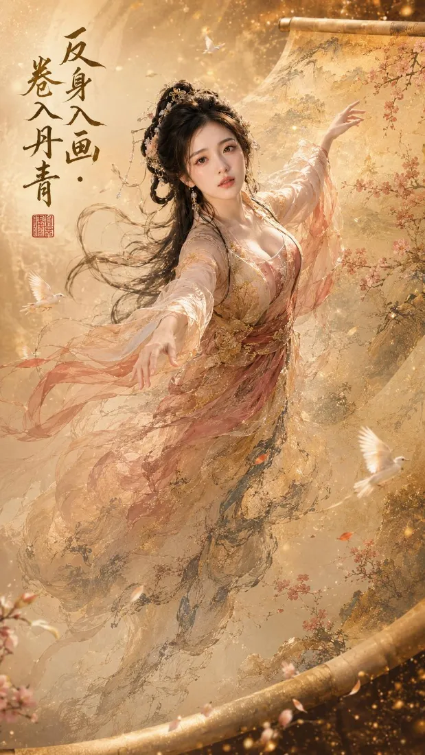 古风汉服美女手机壁纸｜暖金国风背景图片 - 丹青仕女舞袖「哲风壁纸」