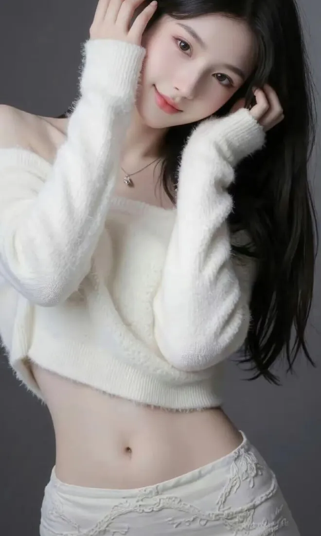 甜酷美女手机壁纸｜白毛衣露腰背景图片 - 纯欲氛围感写真「哲风壁纸」