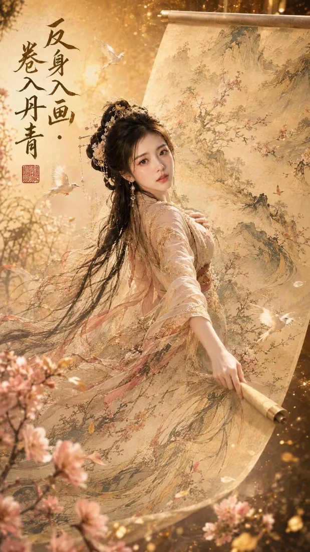 古风仕女手机壁纸｜古画卷轴背景图片 - 桃花氛围感国风美女「哲风壁纸」