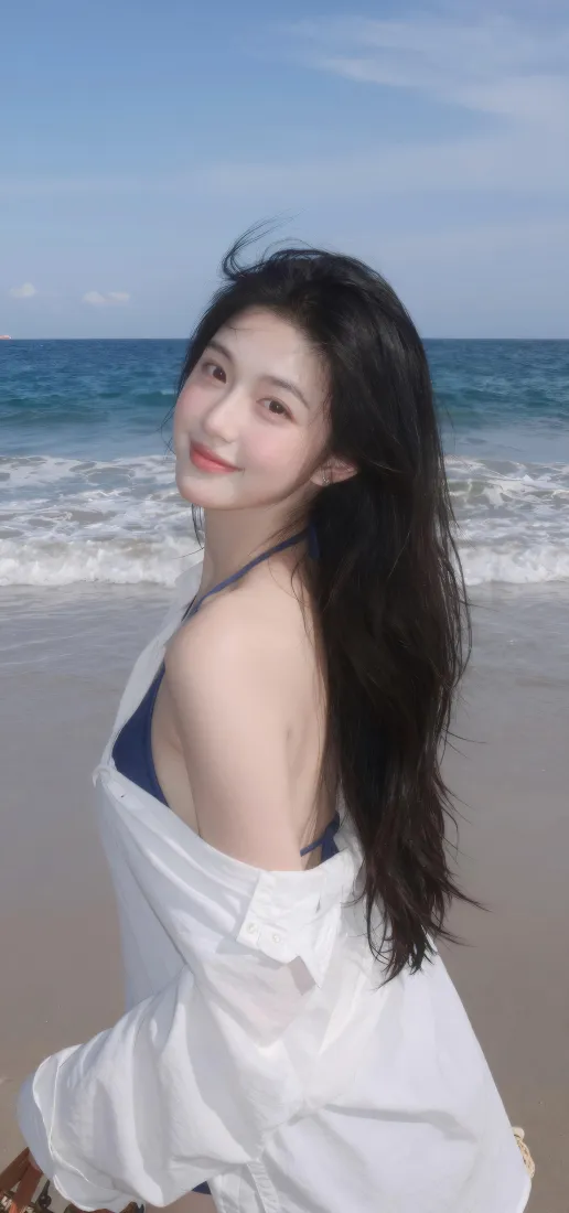 海边美女手机壁纸｜沙滩海景背景图片 - 白衬衫黑长发氛围感「哲风壁纸」