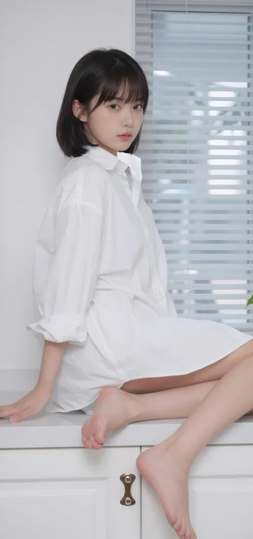 白衬衫短发少女手机壁纸｜窗边居家背景图片 - 清纯「哲风壁纸」
