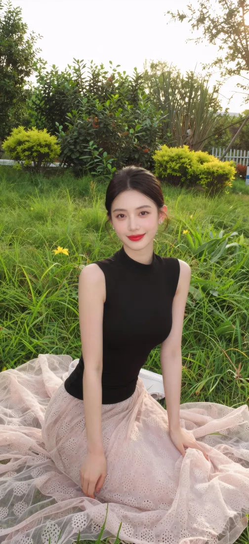 户外美女｜草地写真背景图片 - 黑上衣粉纱裙氛围感「哲风壁纸」