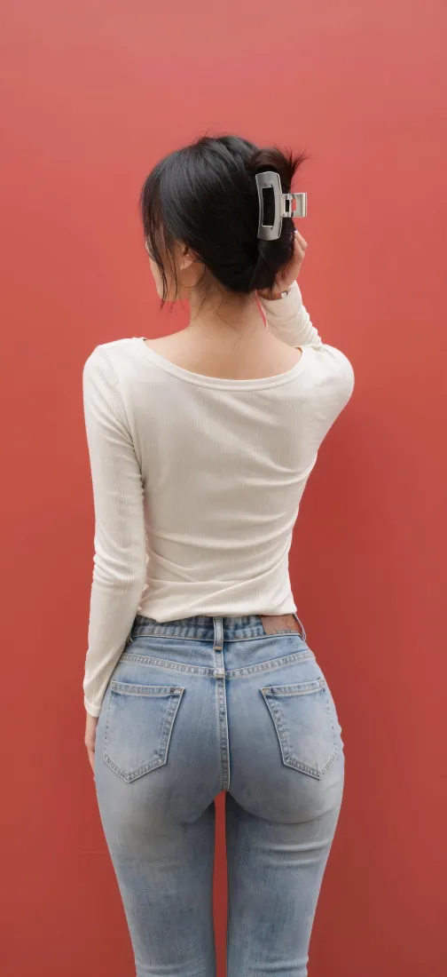 女生背影手机壁纸｜红墙背景图片 - 牛仔裤穿搭好身材「哲风壁纸」
