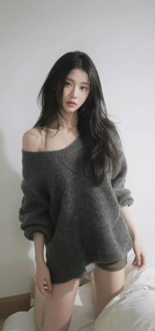 居家美女手机壁纸｜卧室床边背景图片 - 露肩毛衣黑长卷发「哲风壁纸」