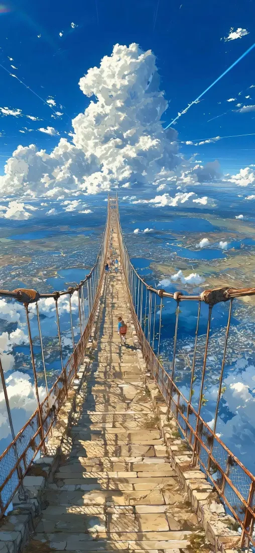 高空吊桥手机壁纸｜蓝天白云背景图片 - 二次元风景「哲风壁纸」