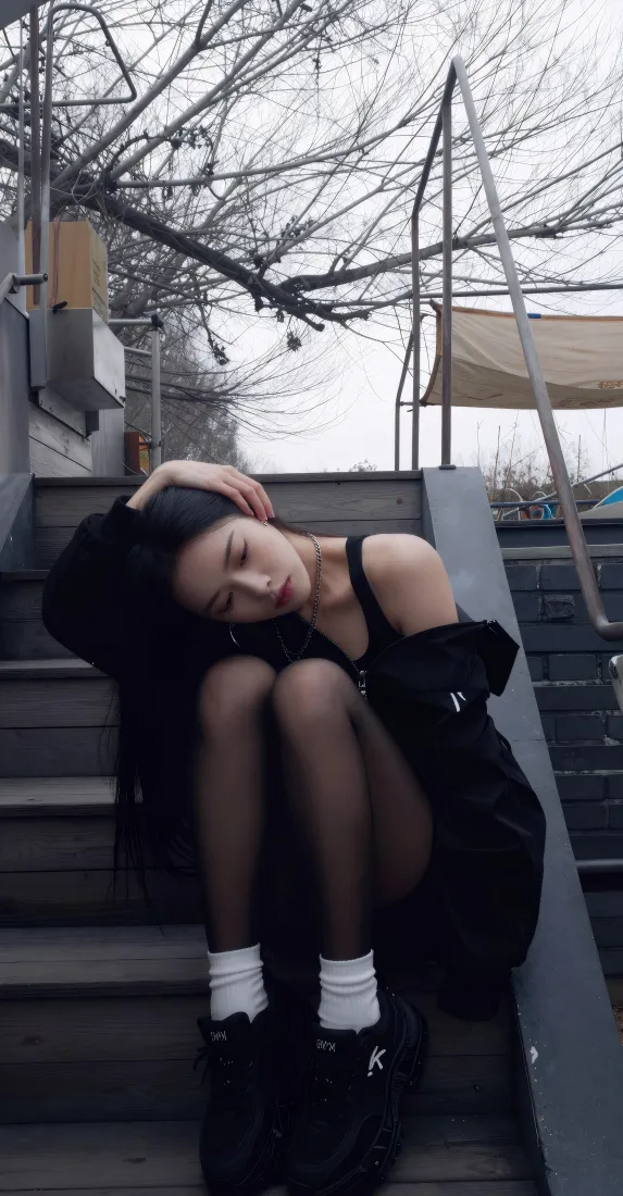 酷飒黑衣女生手机壁纸｜户外台阶背景图片 - 冷感氛围感穿搭「哲风壁纸」