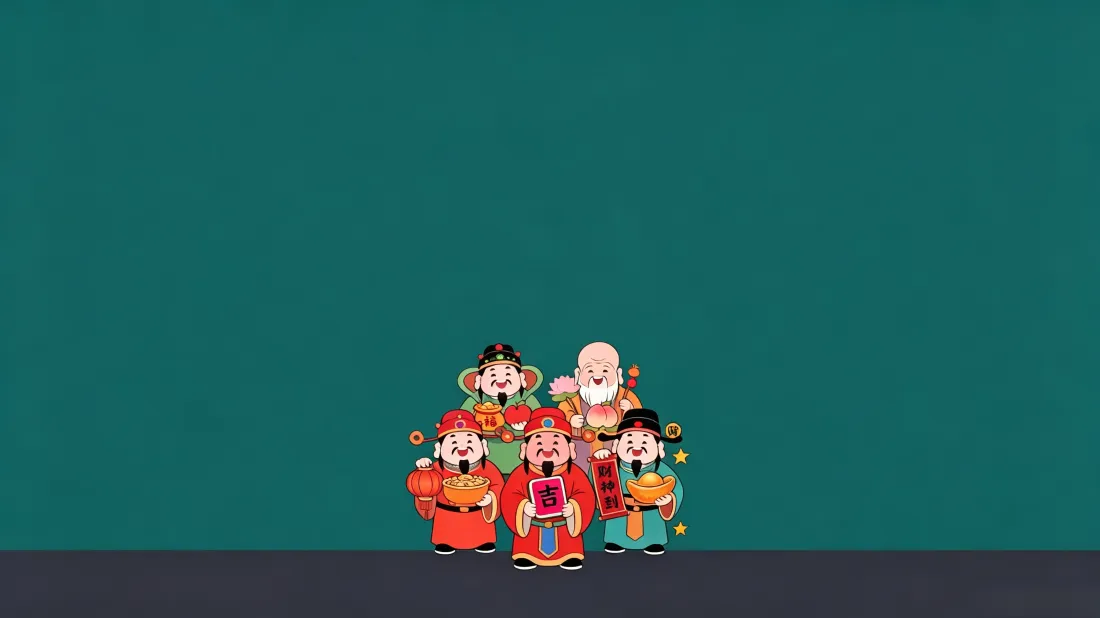 3k福禄寿喜财壁纸｜墨绿背景图片 - 卡通五福神仙插画「哲风壁纸」