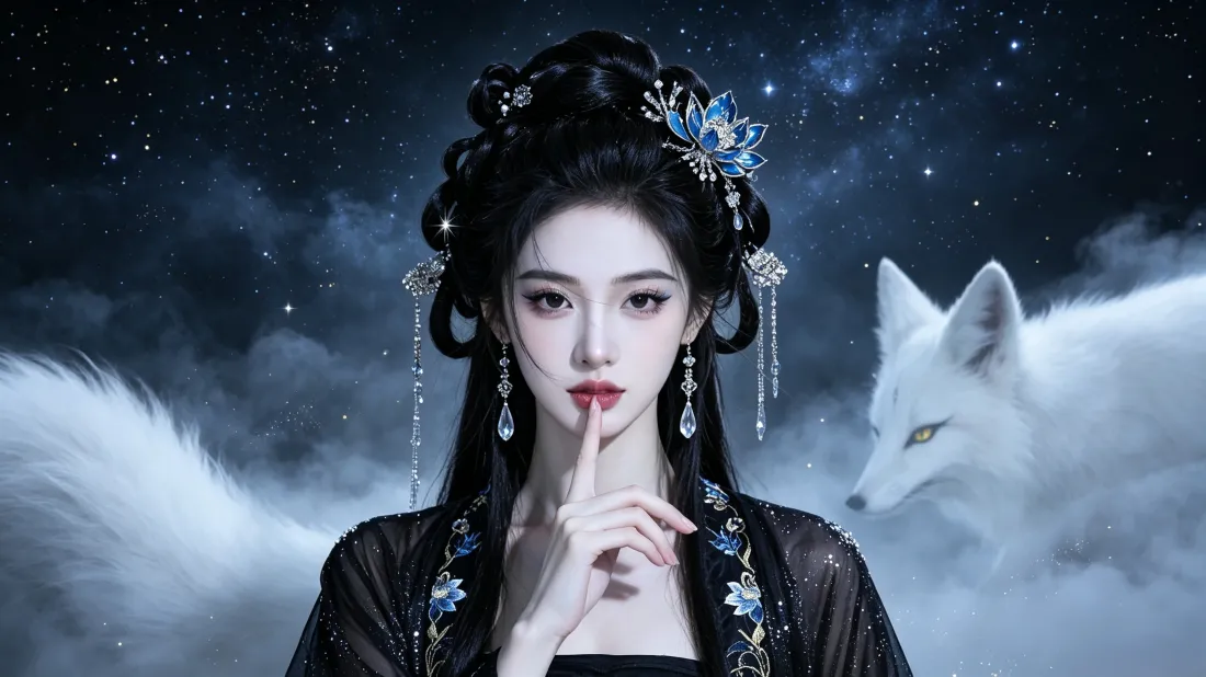 3k古风狐仙女子壁纸｜星空背景图片 - 白狐黑衣「哲风壁纸」