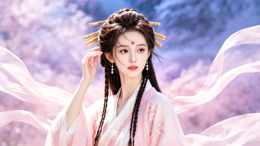 3k古风汉服美人壁纸｜粉衣花钿背景图片 - 仙气飘带「哲风壁纸」