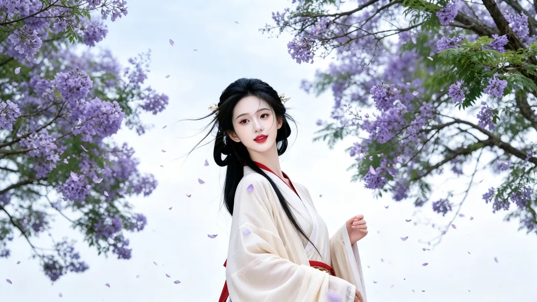 3k汉服美女壁纸｜蓝花楹花树背景图片 - 白衣古风写真「哲风壁纸」