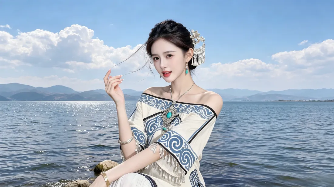3k民族风美女壁纸｜海边背景图片 - 蓝天湖面清新人像「哲风壁纸」