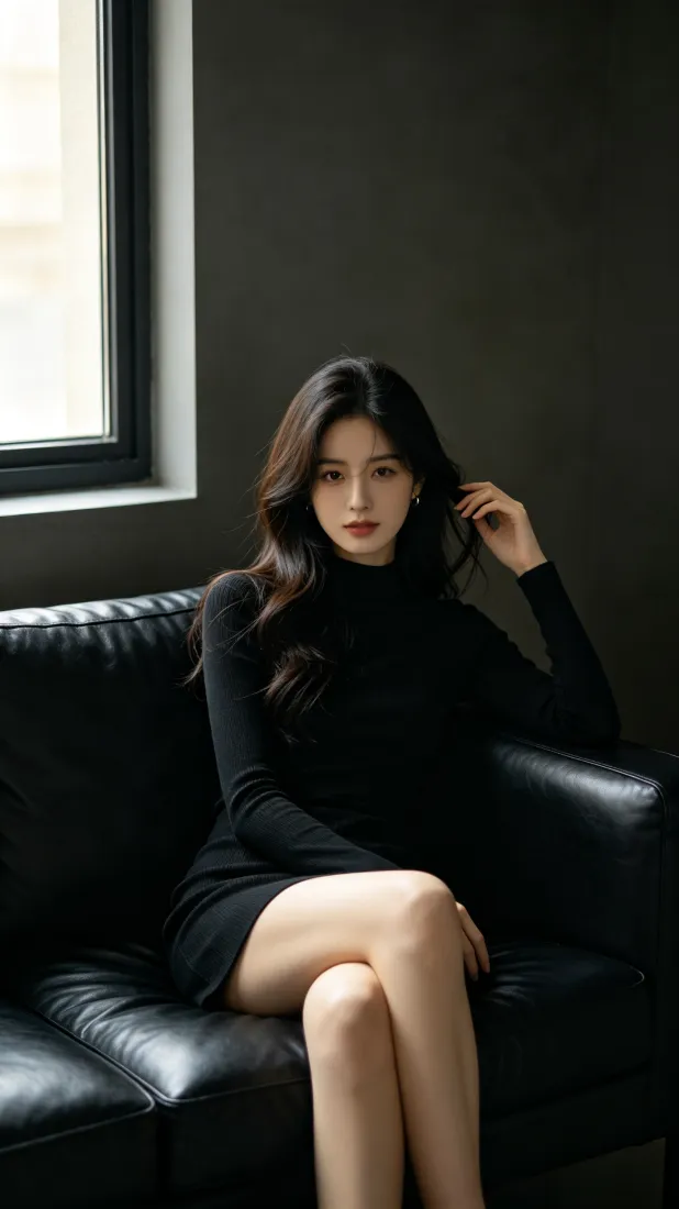 黑衣美女手机壁纸｜沙发室内背景图片 - 御姐气质写真「哲风壁纸」