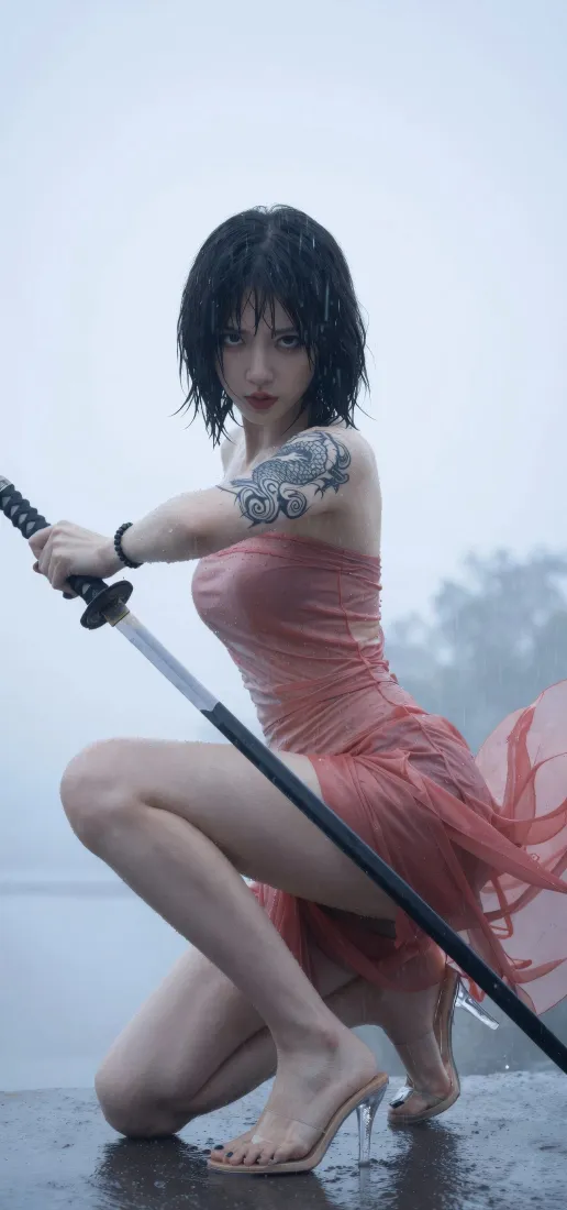 短发女武士手机壁纸｜户外雨天背景图片 - 粉裙持刀性感写真「哲风壁纸」