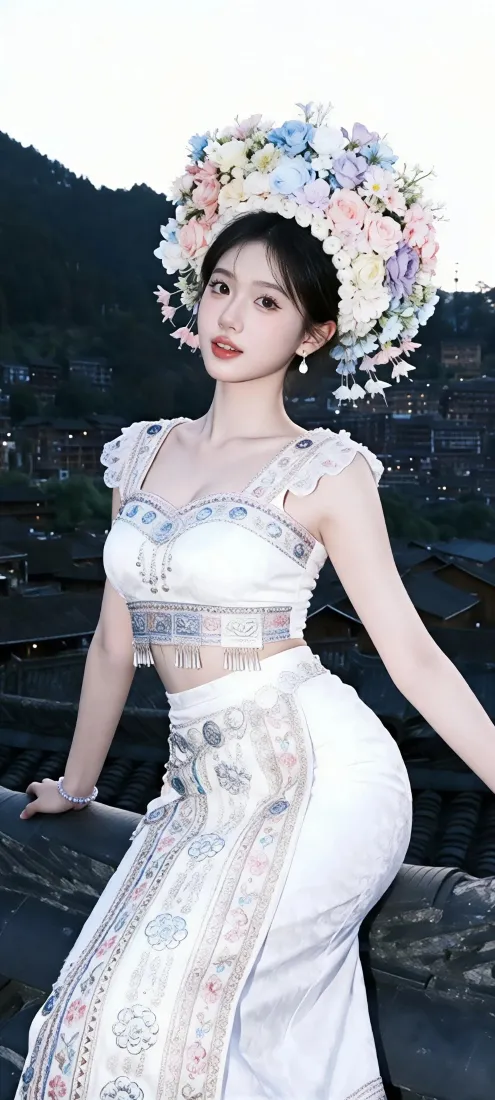 簪花美女手机壁纸｜户外夜景背景图片 - 白裙写真「哲风壁纸」