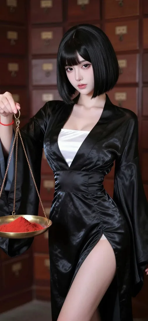 黑裙御姐手机壁纸｜中药柜背景图片 - 持铜秤高开叉造型「哲风壁纸」