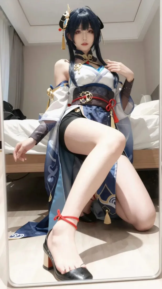 阮梅cos手机壁纸｜室内跪姿背景图片 - 蓝白古风性感美女「哲风壁纸」