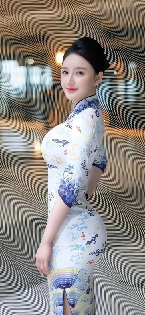 旗袍美女手机壁纸｜室内人像背景图片 - 青花瓷旗袍性感写真「哲风壁纸」