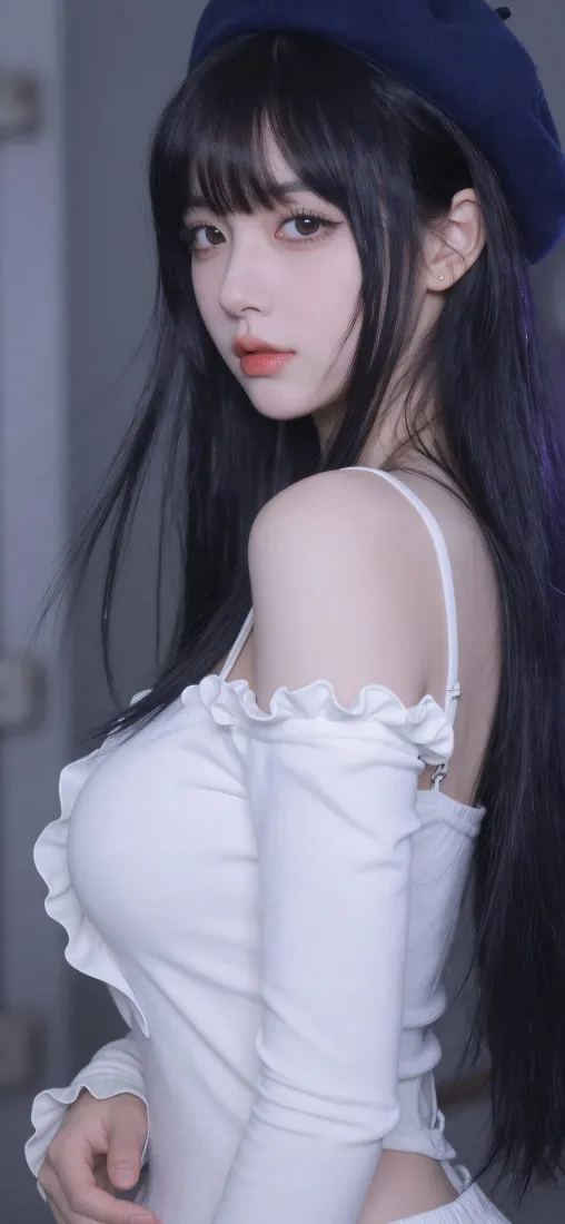贝雷帽美女手机壁纸｜白色露肩上衣背景图片 - 黑长直氛围感「哲风壁纸」