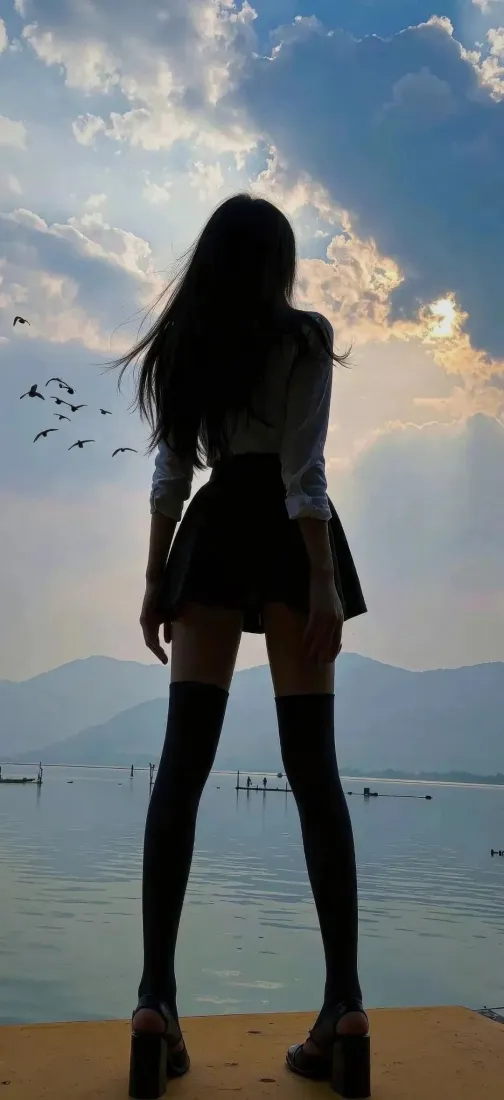 性感美女背影手机壁纸｜海边剪影背景图片 - 天空云朵长腿「哲风壁纸」