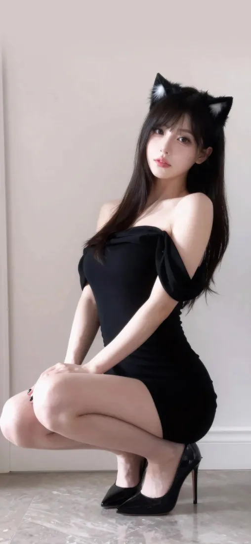 猫耳美女手机壁纸｜黑色包臀裙背景图片 - 性感蹲姿穿搭「哲风壁纸」