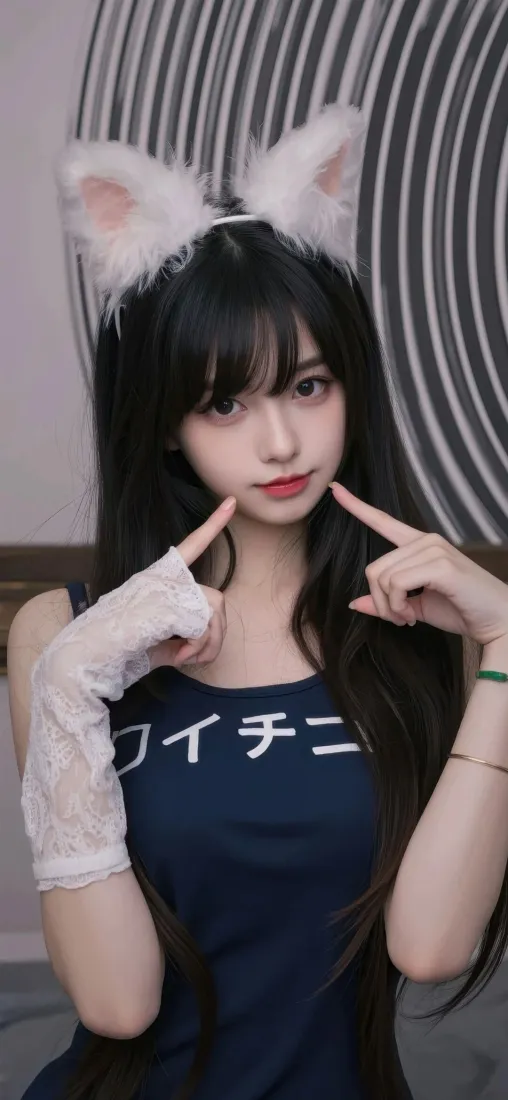 猫耳美女手机壁纸｜甜酷造型背景图片 - 黑长直纯欲少女「哲风壁纸」