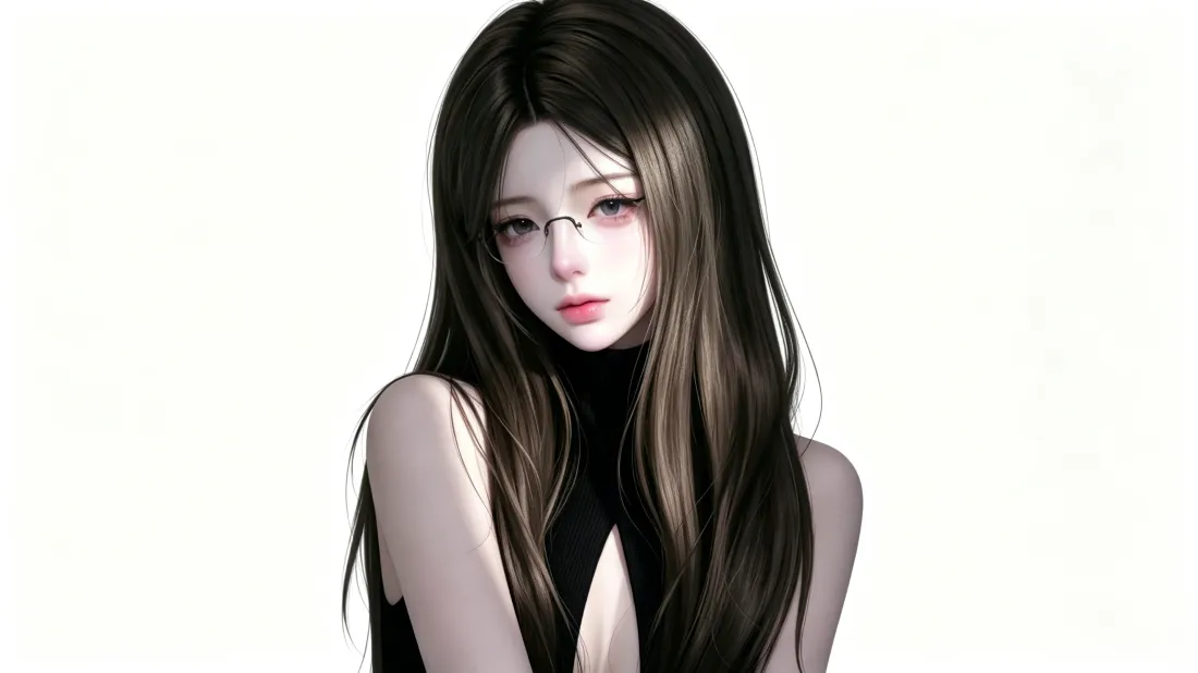 3k御姐女生壁纸｜白色背景图片 - 黑长直戴眼镜冷艳二次元形象「哲风壁纸」