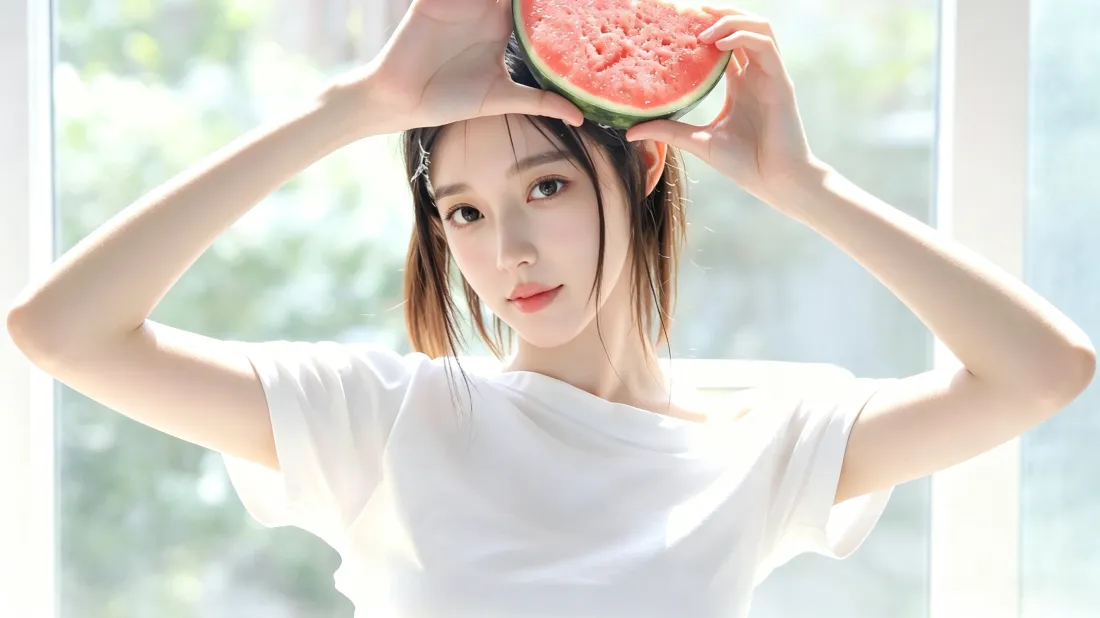 3k西瓜少女壁纸｜夏日窗边背景图片 - 白T恤甜妹「哲风壁纸」