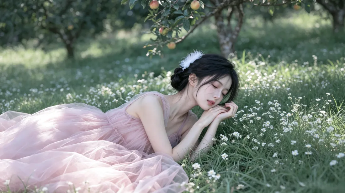 3k粉裙美女｜草地花树背景图片 - 森系户外「哲风壁纸」