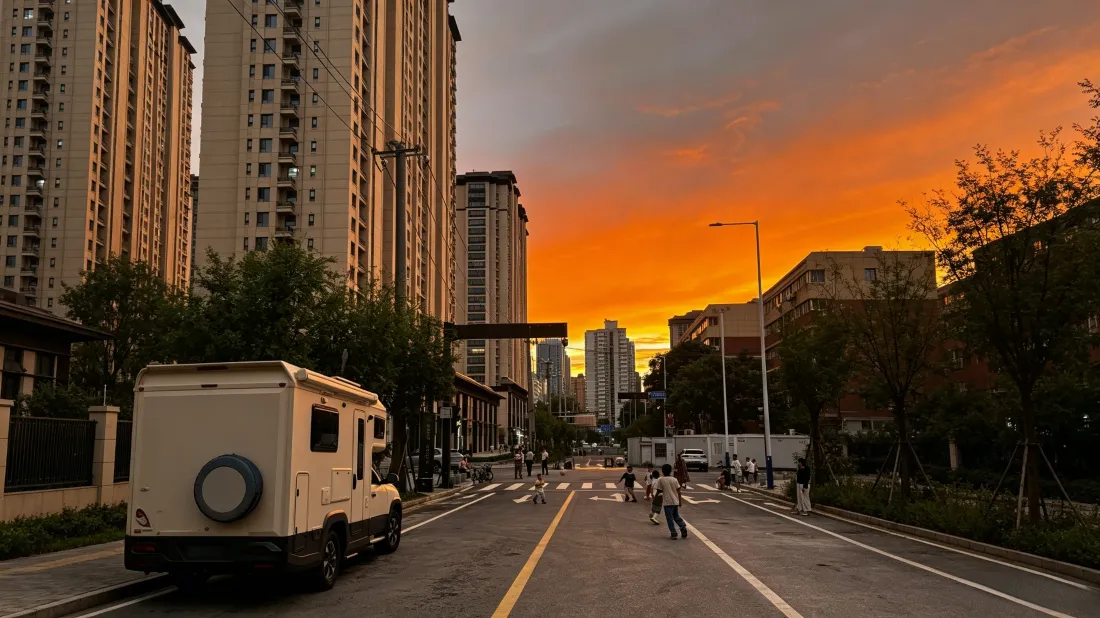 3k城市街道｜晚霞背景图片 - 橘红天空高楼街景「哲风壁纸」