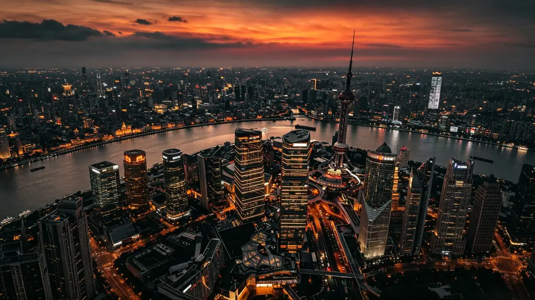 3k上海陆家嘴｜黄昏夜景背景图片 - 黄浦江畔城市天际线航拍「哲风壁纸」