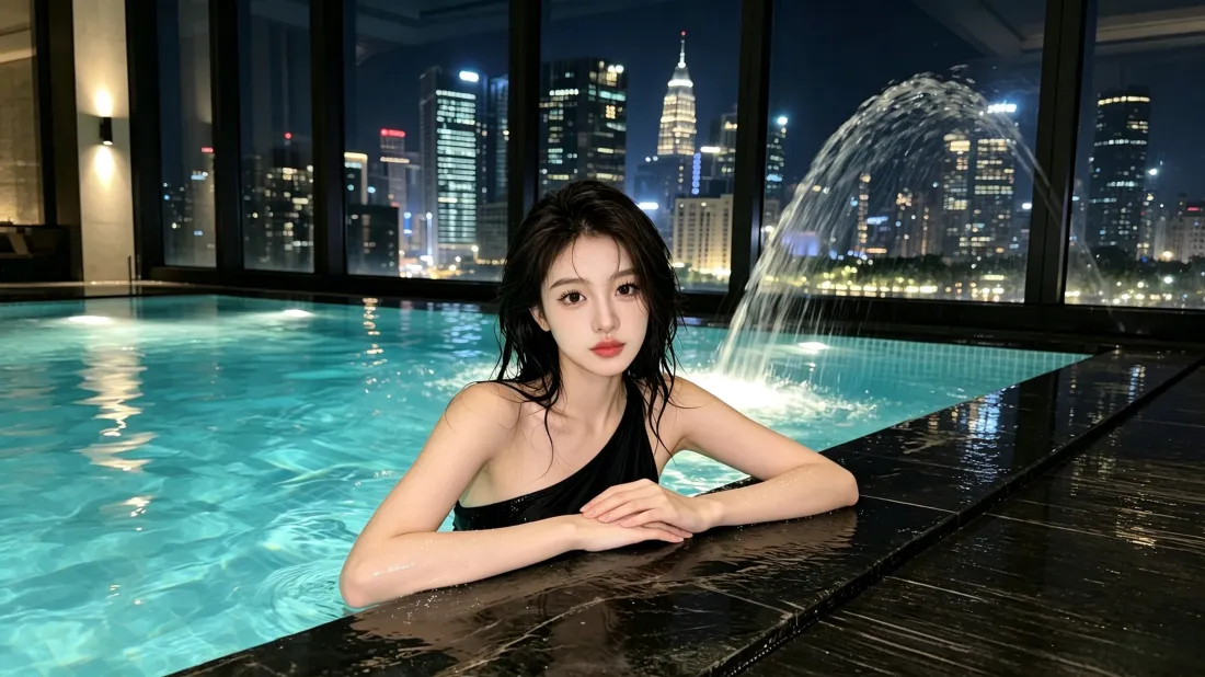 3k泳池美女｜城市夜景背景图片 - 黑色单肩泳衣氛围感写真「哲风壁纸」