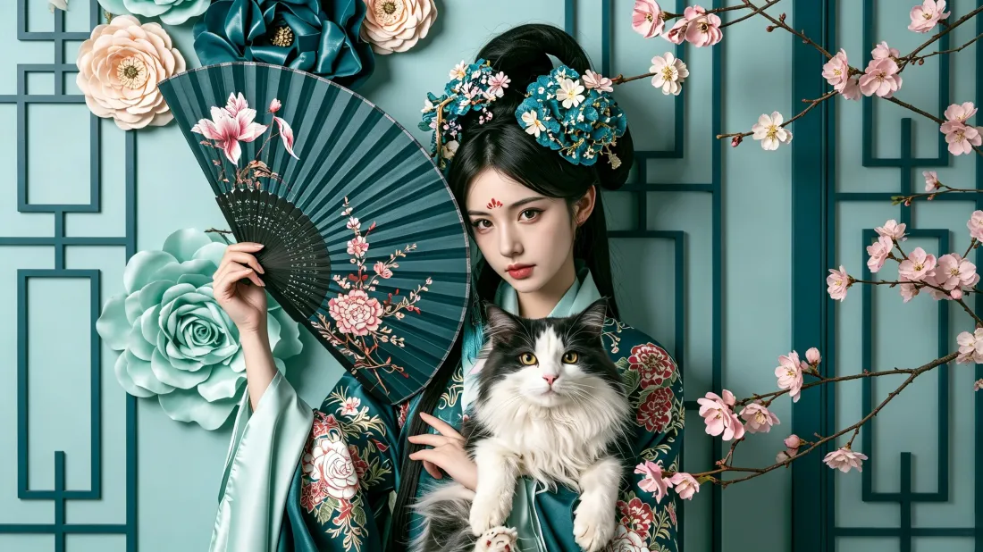 3k古风汉服美女壁纸｜国风花窗背景图片 - 抱猫持扇桃花「哲风壁纸」