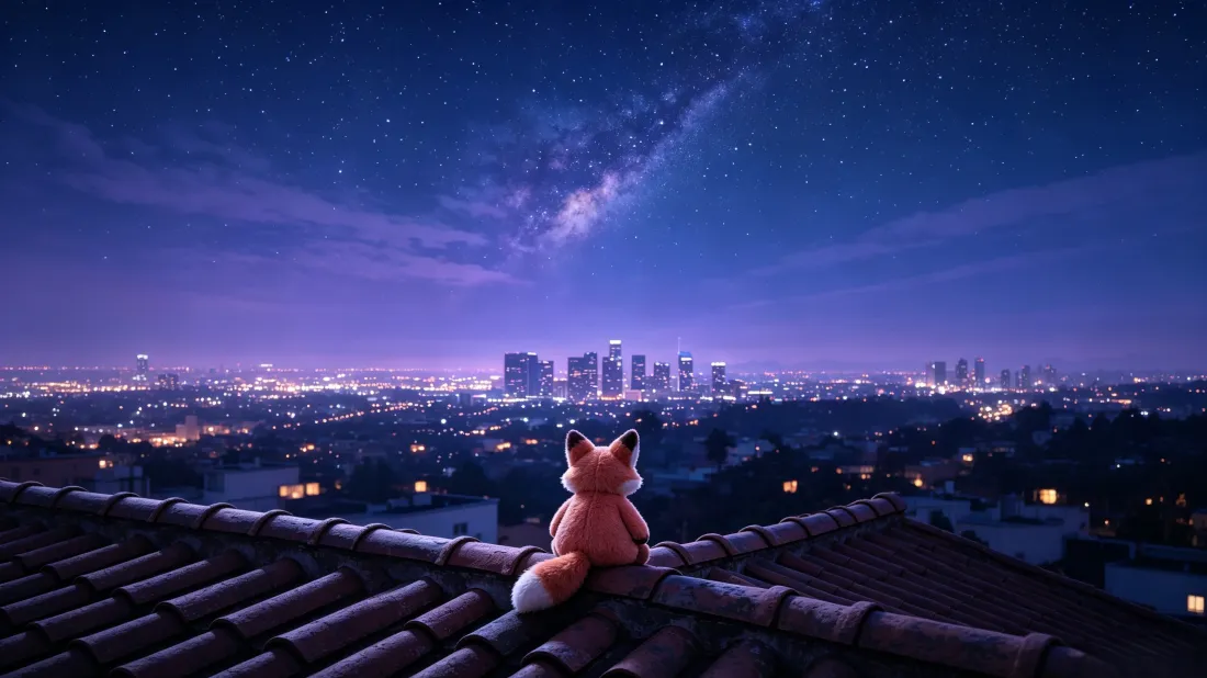 3k小狐狸｜屋顶观星背景图片 - 城市夜景治愈插画「哲风壁纸」