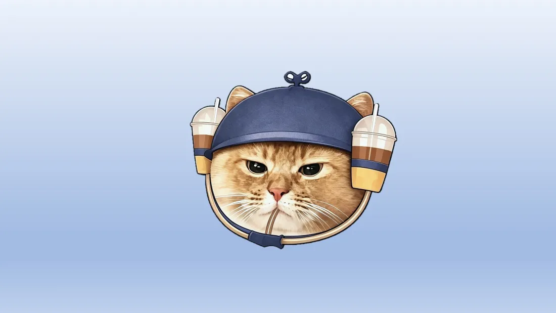 5k橘猫壁纸｜浅蓝色背景图片 - 戴头盔喝奶茶可爱插画「哲风壁纸」