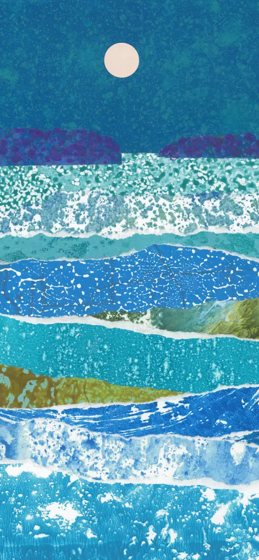 海水插画手机壁纸｜浪涛明月背景图片 - 清新治愈海景「哲风壁纸」