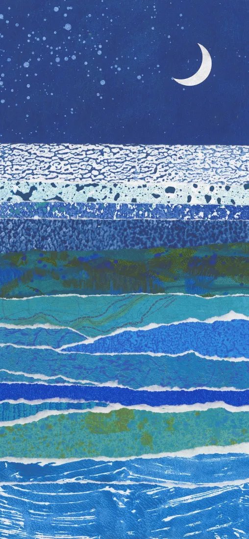 夜晚海景手机壁纸｜星空弯月背景图片 - 海浪装饰插画「哲风壁纸」