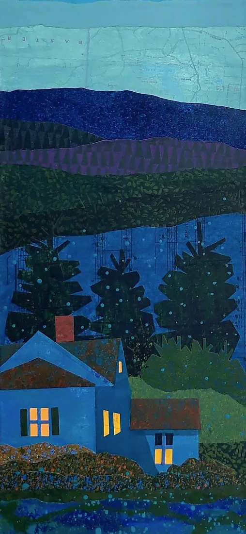 山川小屋手机壁纸｜森林湖泊背景图片 - 扁平风夜晚风景插画「哲风壁纸」
