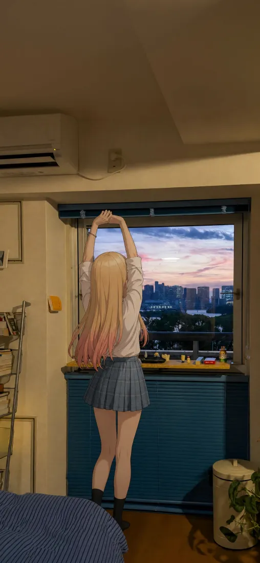 喜多川海梦手机壁纸｜黄昏居家背景图片 - 伸懒腰JK少女「哲风壁纸」