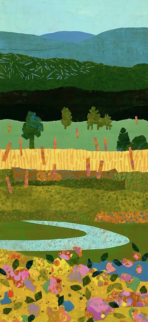 郊野风景手机壁纸｜湖水花丛背景图片 - 田野山林插画「哲风壁纸」