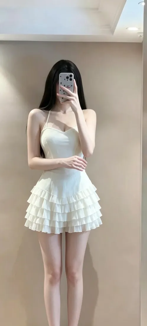 白裙美女手机壁纸｜对镜自拍背景图片 - 纯欲蛋糕裙穿搭「哲风壁纸」