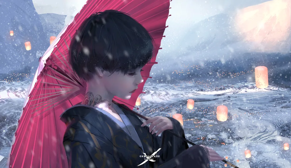2k鬼刀小绿壁纸｜雪景红伞背景图片 - 孔明灯「哲风壁纸」