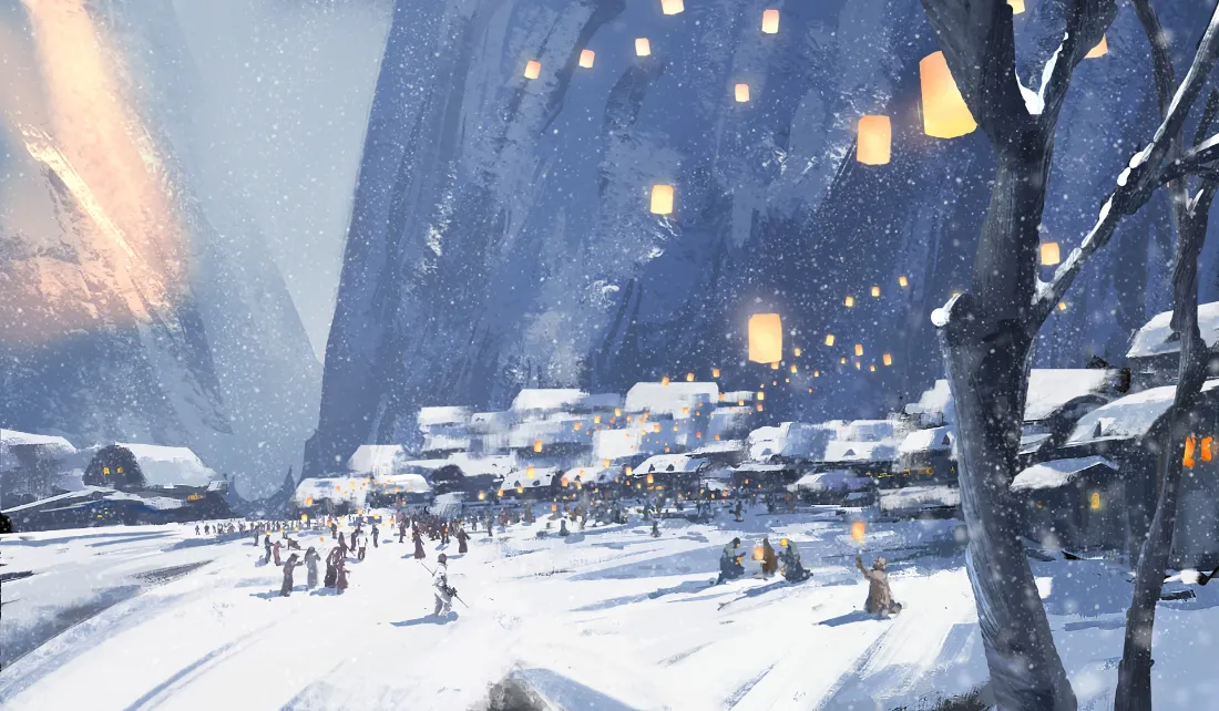 2k鬼刀壁纸｜雪村孔明灯背景图片 - 冬日雪山村落「哲风壁纸」