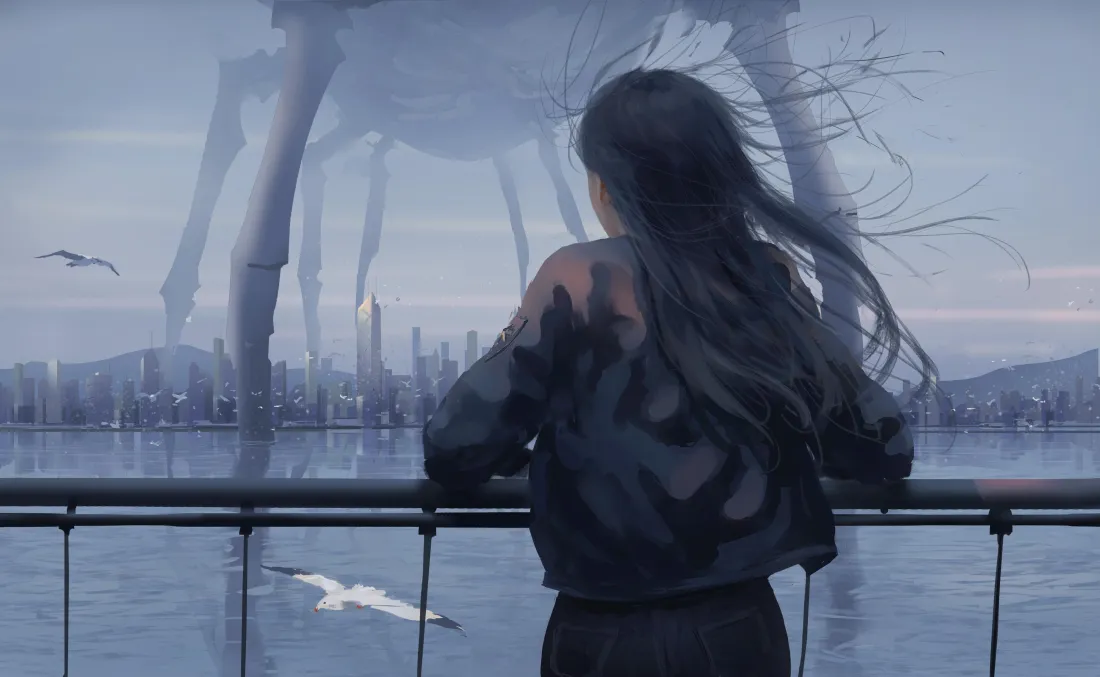 5k鬼刀壁纸｜海边背影背景图片 - 长发女孩望海「哲风壁纸」