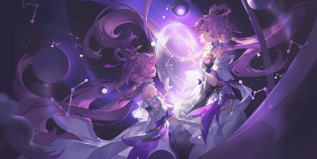 5k崩坏动漫女角色壁纸｜紫调星空背景图片 - 梦幻星象长发少女「哲风壁纸」