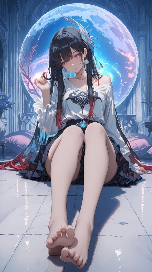 二次元少女手机壁纸｜梦幻光球背景图片 - 露肩赤脚坐姿黑长发女孩「哲风壁纸」